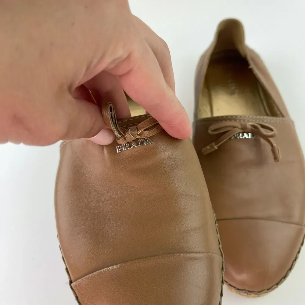 PRADA Light Brown Beige Leather Bows Trim Espadrilles Shoes Women’s 39.5 CLASSIC